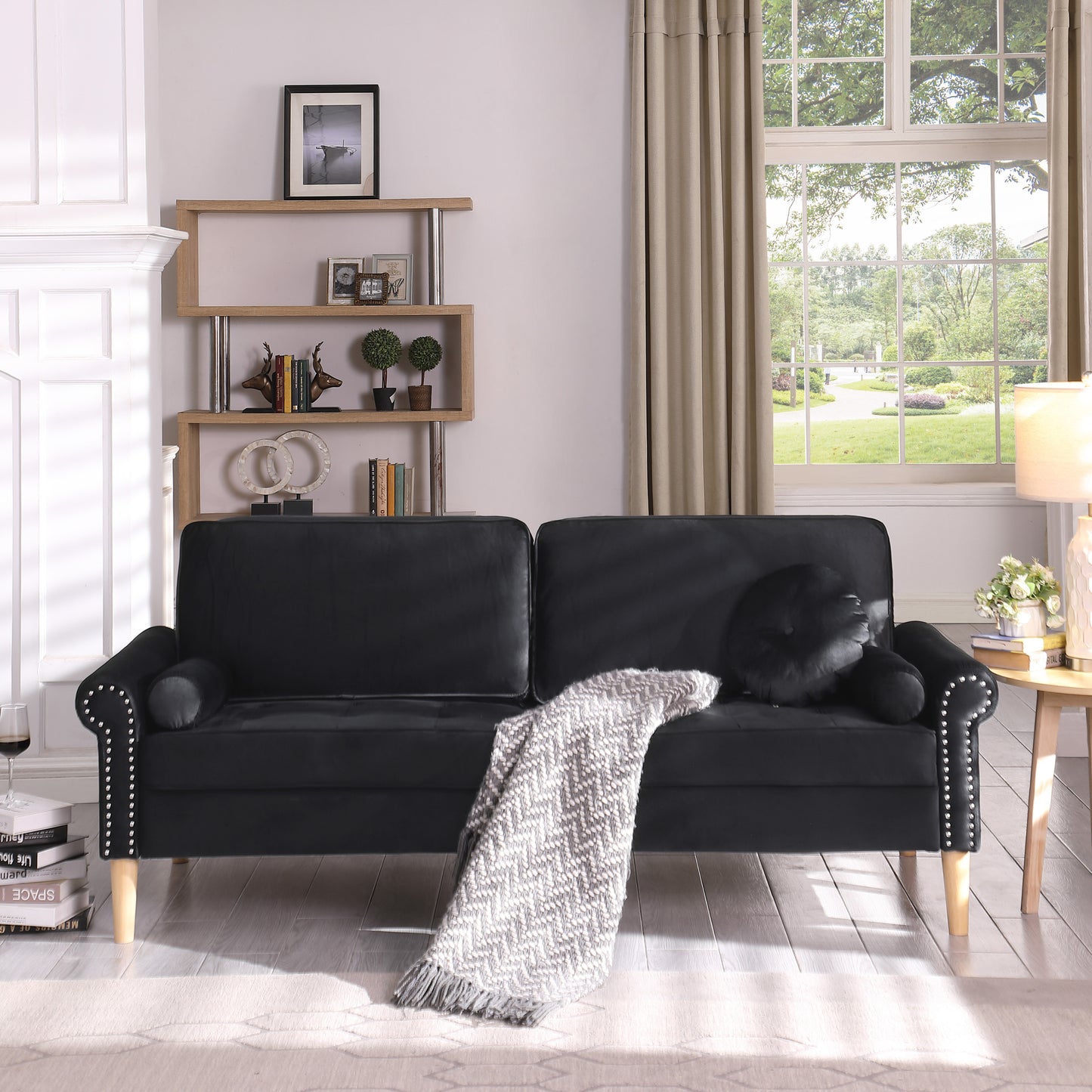 Living Room Sofa,3-Seater Sofa , with  Copper Nail on Arms ,Three Pillow,Black