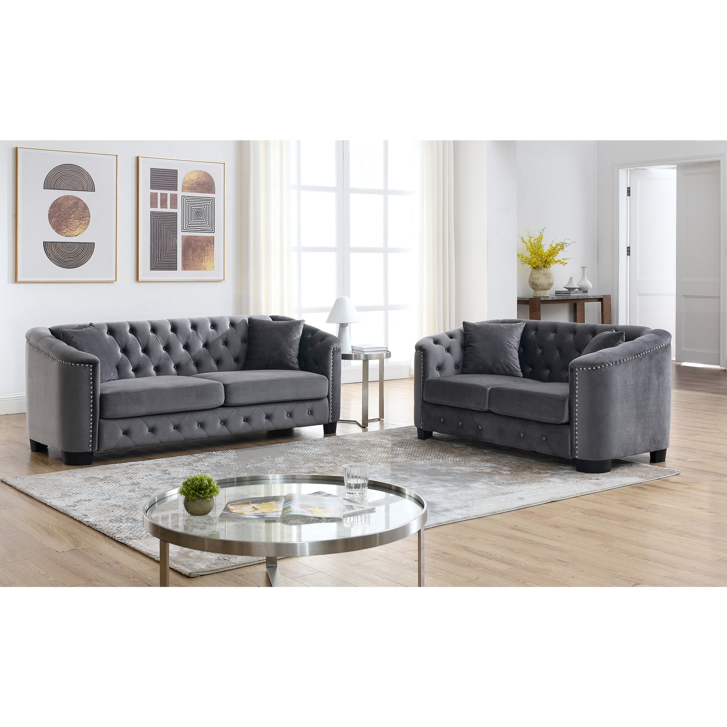 Elegant Grey Velvet 3-Seater and 2-Seater Sofa Combination