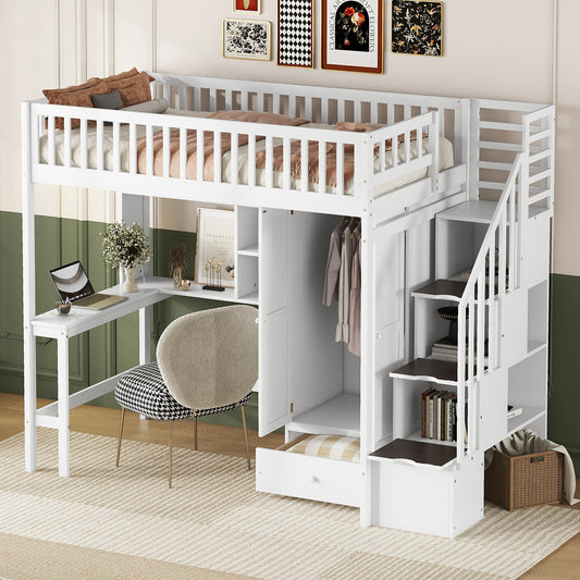 Twin size Loft Bed with Bookshelf,Drawers,Desk,and Wardrobe-White