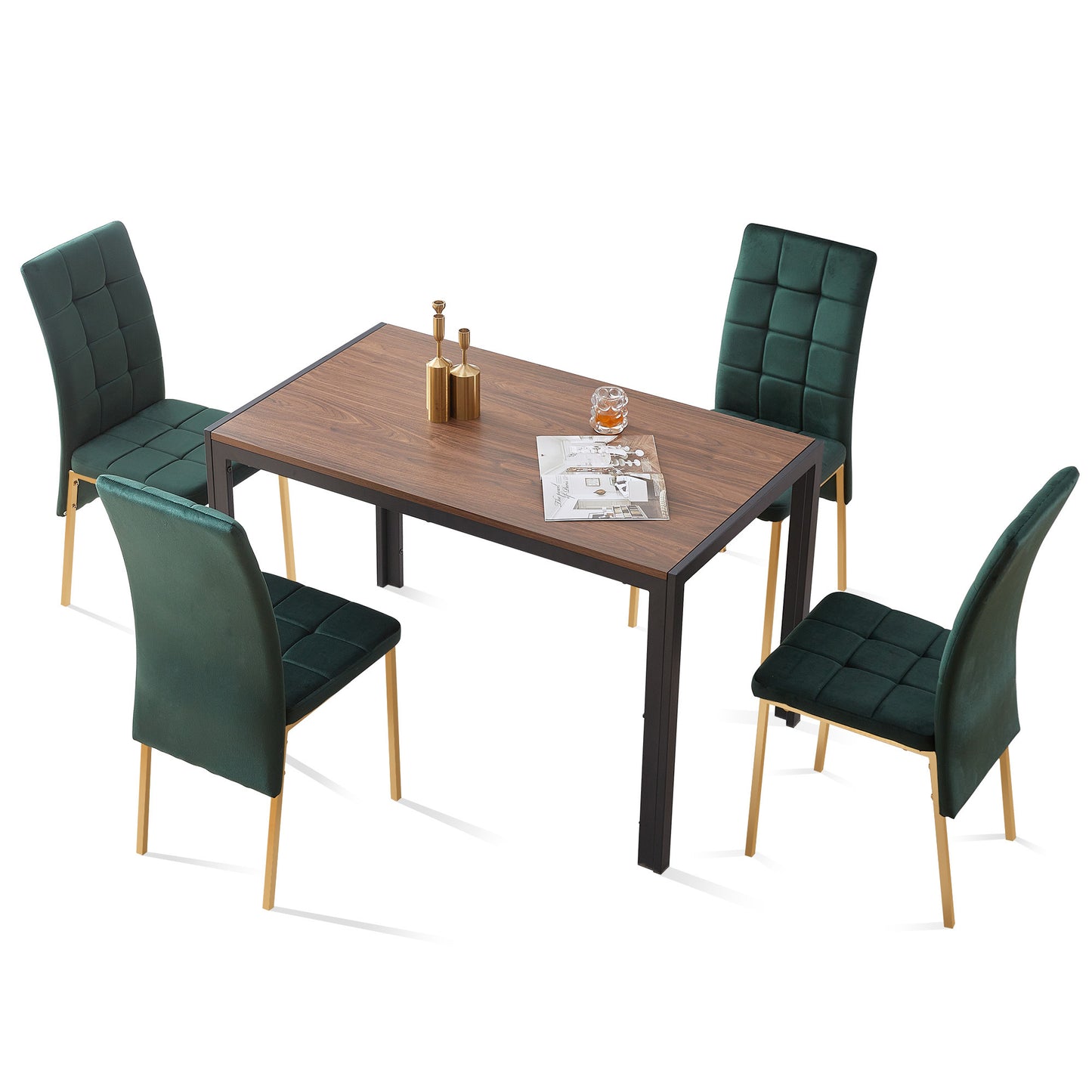 5-Piece Dining Set Including Green Velvet High Back Golden Color Legs Nordic Dining Chair & Creative Design MDF Dining Table