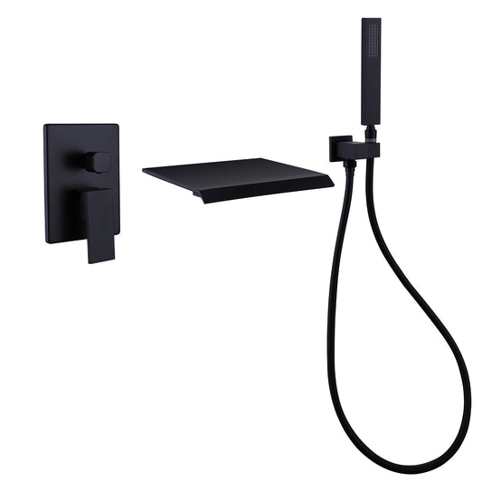 Matte Black Wall-Mount Tub Filler with Handheld Shower Head