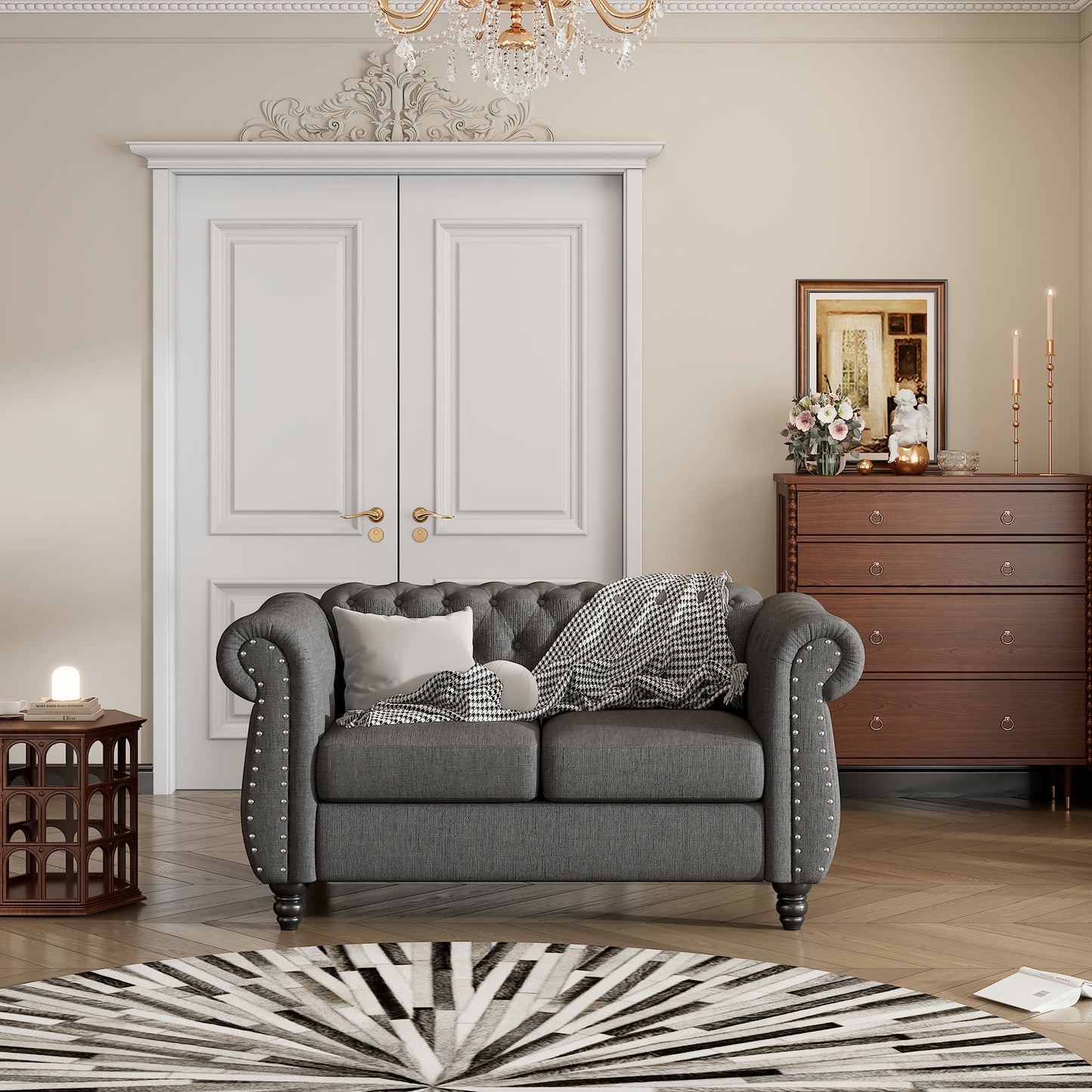 Modern Gray Plush Upholstered 60 Sofa with Buttoned Tufted Backrest and Solid Wood Legs