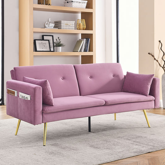 72.5 Pink Velvet Convertible Sofa Bed with Adjustable Backrest