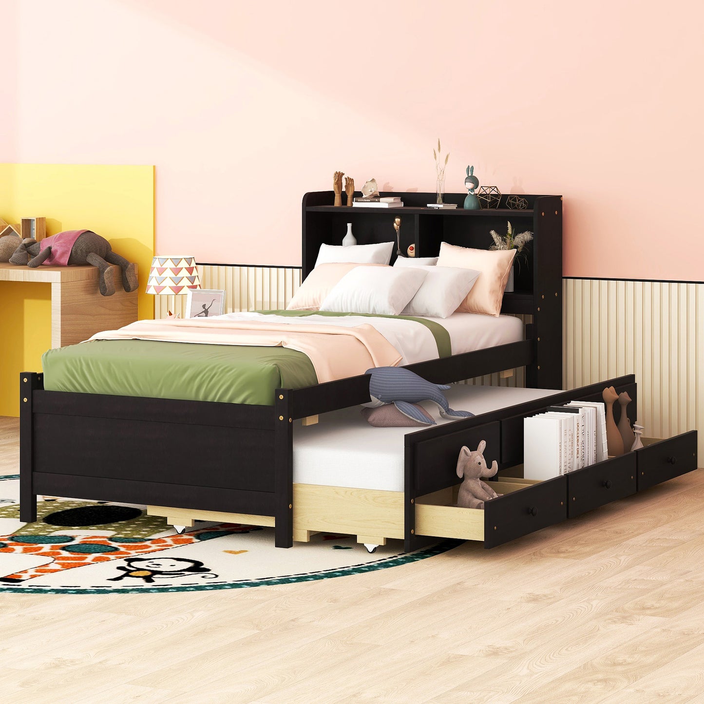 Twin Size Bed with  built-in USB ,Type-C Ports, LED light, Bookcase Headboard, Trundle and 3 Storage Drawers, Twin Size Bed with  Bookcase Headboard, Trundle and Storage drawers ,Espresso