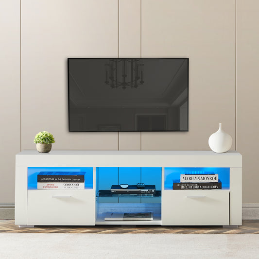 White Modern TV Stand with RGB LED Lights and Sleek Design