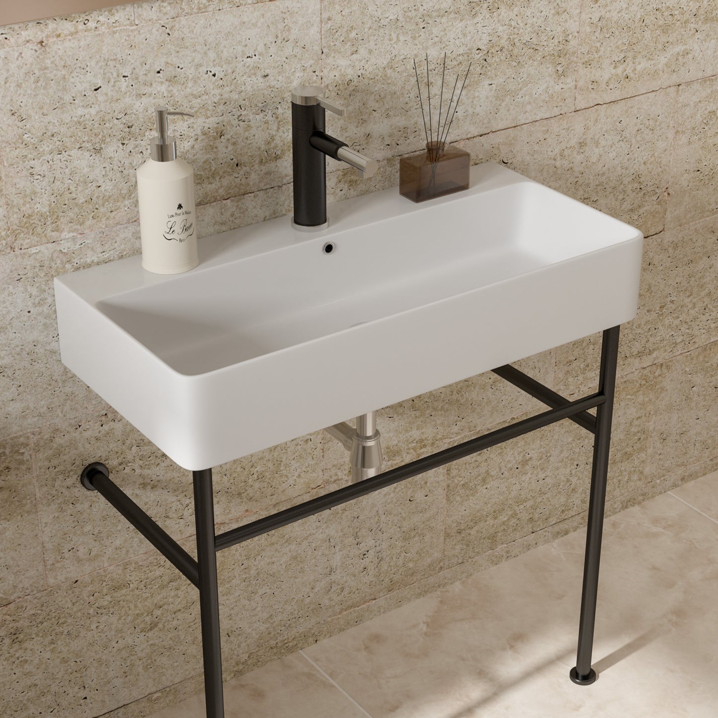 32" Bathroom Console Sink with Overflow,Ceramic Console Sink White Basin Black Legs