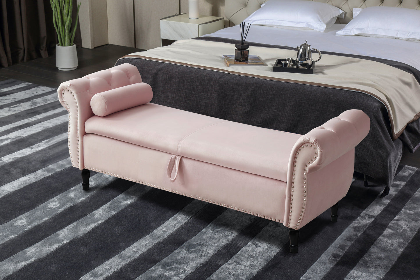 Aijia 63" Velvet Multifunctional Storage Rectangular Sofa Stool Buttons Tufted Nailhead Trimmed Solid Wood Legs with 1 Pillow,Light Pink