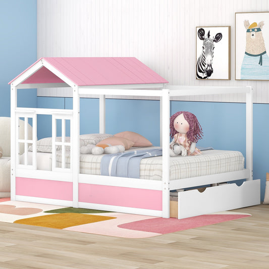 Full Size House Bed with Roof, Window and Drawer - Pink + White