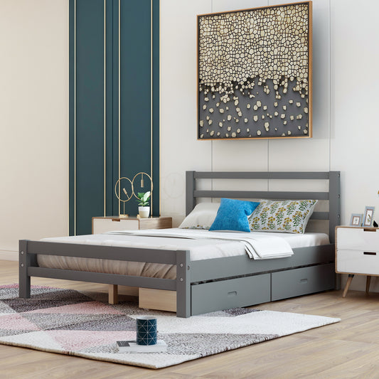 Wood platform bed with two drawers, full (gray)