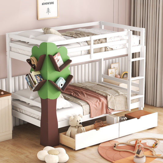 White Twin Bunk Bed with Tree Design and Storage Drawers