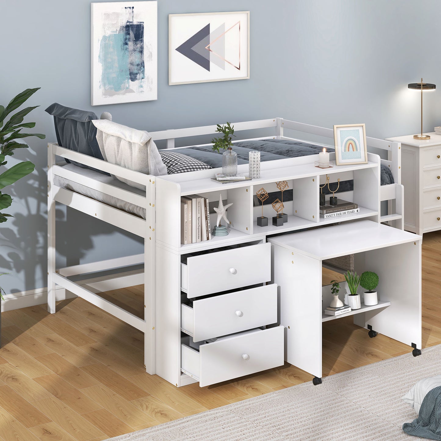 Full Size Low Loft Bed with Rolling Portable Desk, Drawers and Shelves, White(: GX000711AAK)