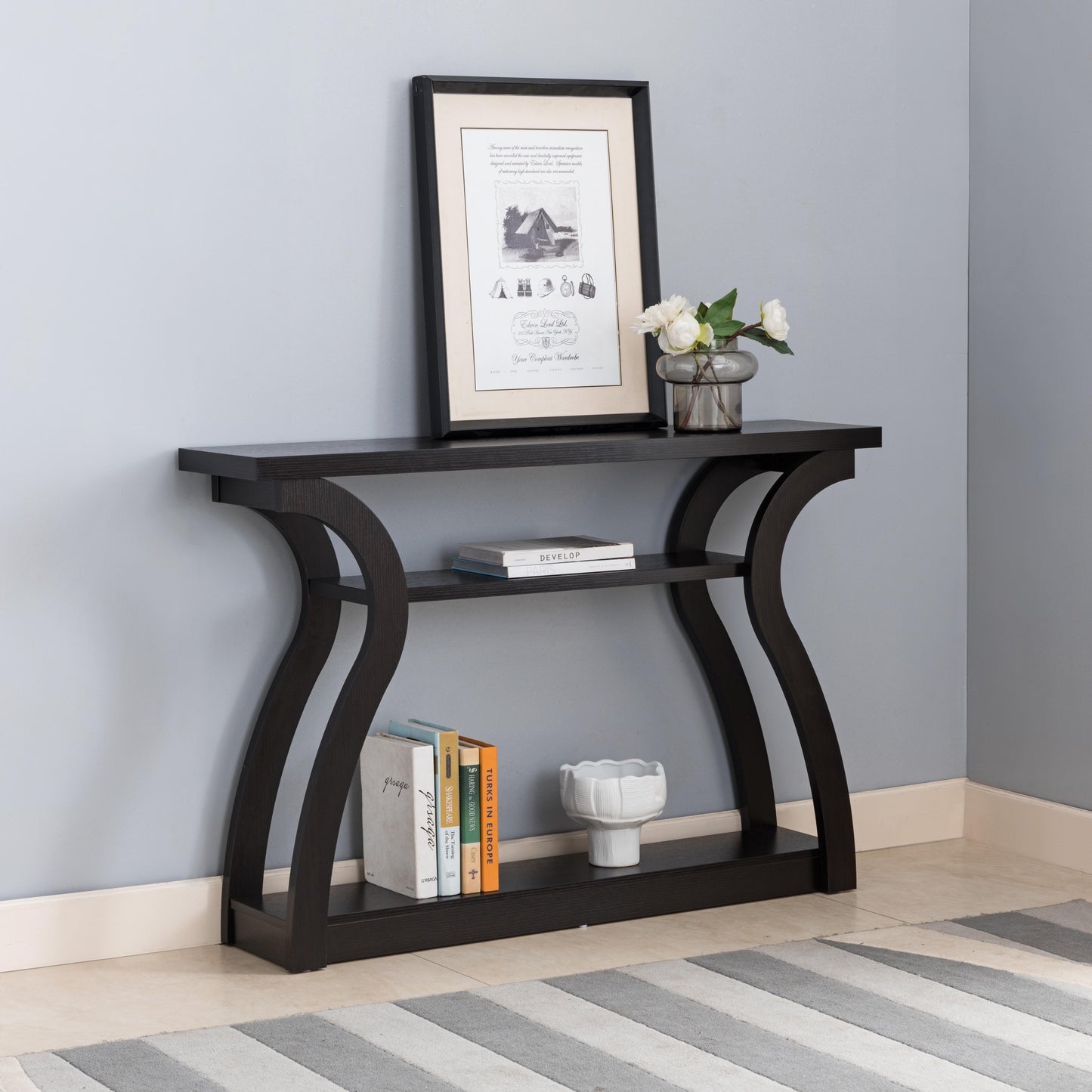 Wood-Carved Sofa Table with Storage Shelves