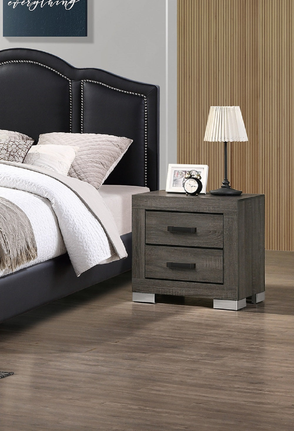 2 Drawers Wood Nightstand With Black Handles In Grey