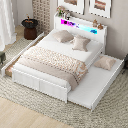 Queen Size Wood Storage Platform Bed with LED, 2 Drawers and 1 Twin Size Trundle, White