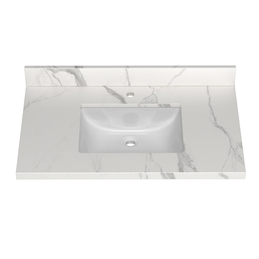 37 Inch Quartz Vanity Top with Undermounted Rectangular Ceramic Sink & Backsplash, White Calacatta Engineered Stone Countertop for Bathroom Kitchen Cabinet 1 Faucet Hole (not Include Cabinet)