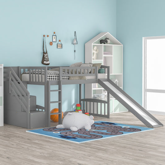 Stairway Twin Size Loft Bed with Two Drawers and Slide, Gray(OLD SKU:LP000515AAE)