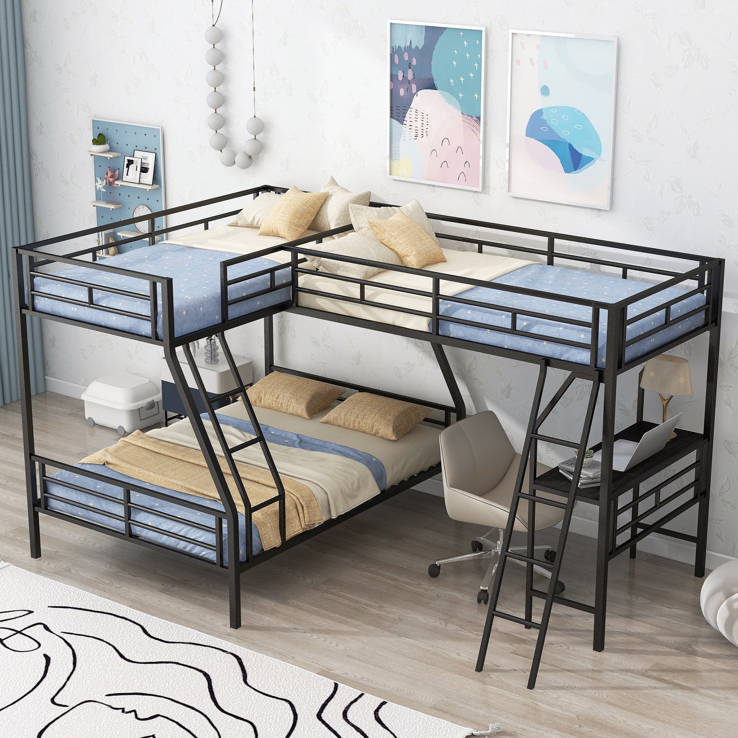 Innovative Space-Saving Twin over Full Bunk Bed with Loft Bed, Desk & Metal Frame, Black