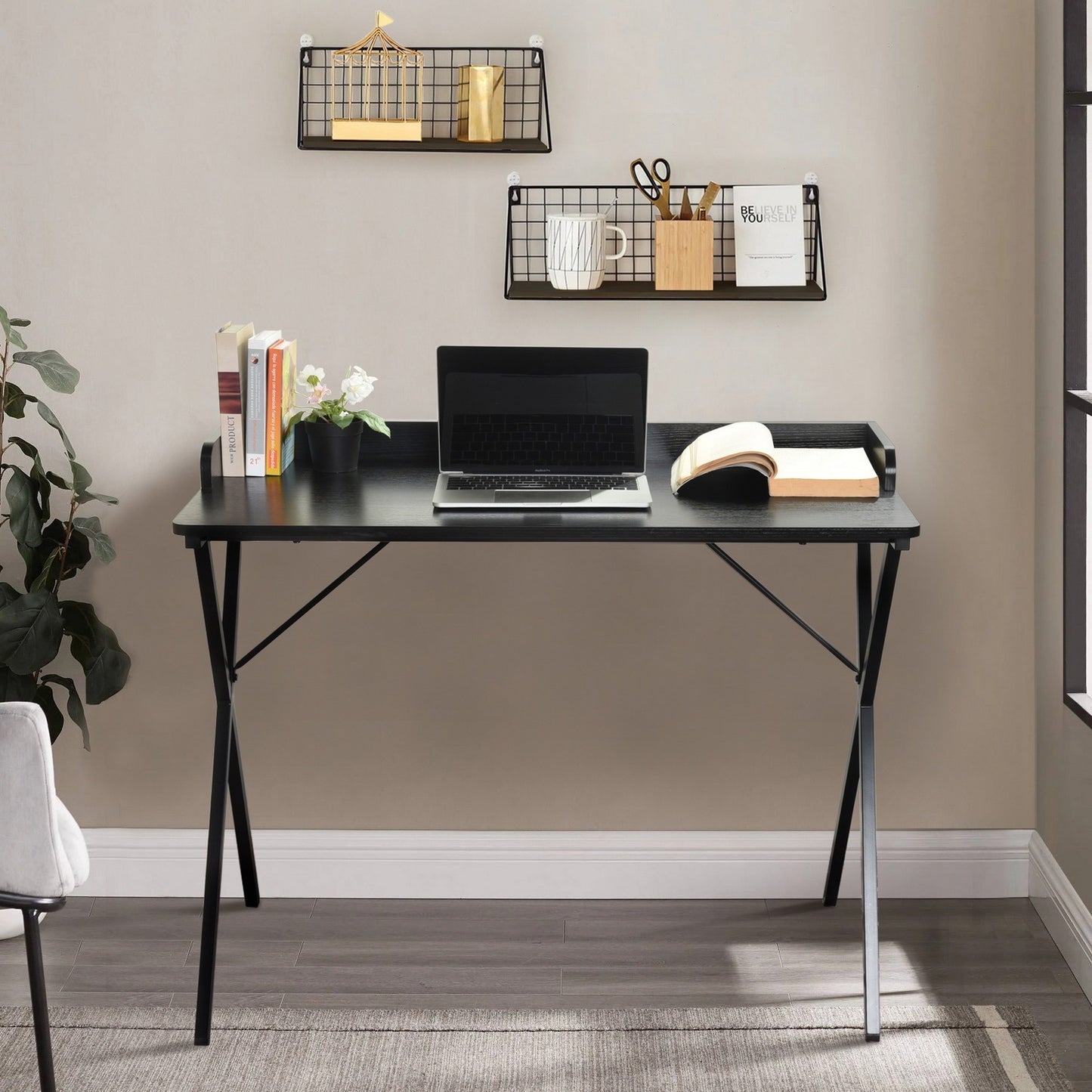 Black Elegant Rectangular Computer Desk with Metal Legs - 39.4