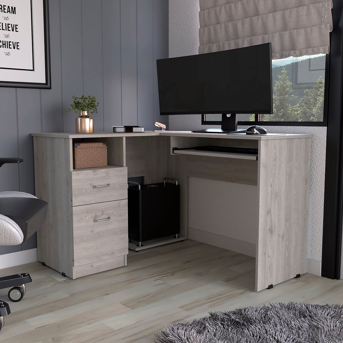 L-Shaped Computer Workstation with Drawer and Shelf in Light Gray