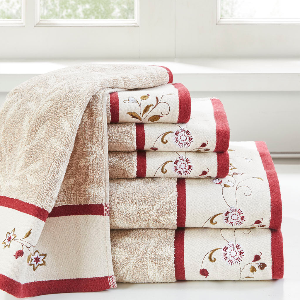 Embroidered Leaf Pattern 6-Piece Cotton Towel Bundle