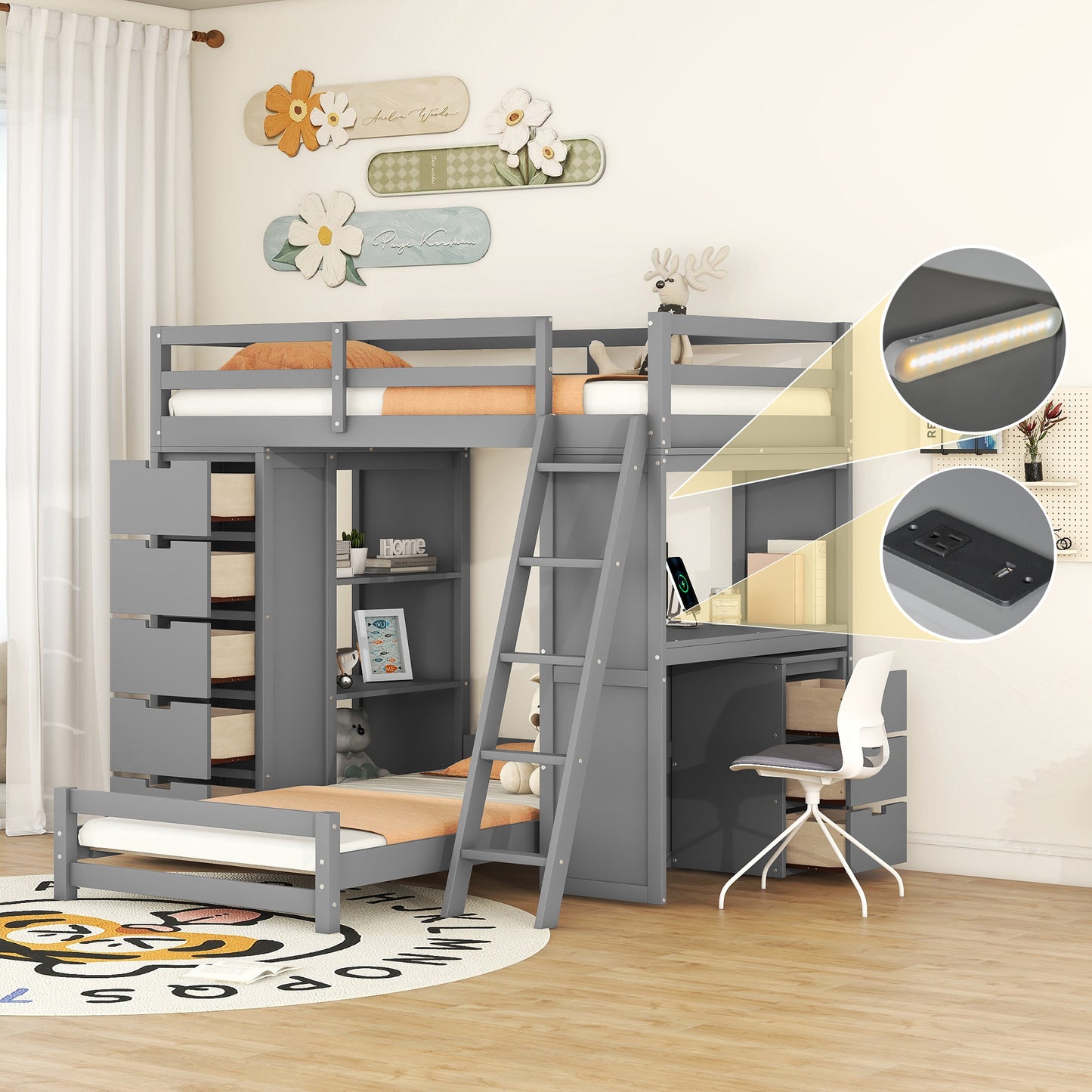 Twin Over Twin Gray Bunk Bed with LED Light, USB Ports, and Storage Space