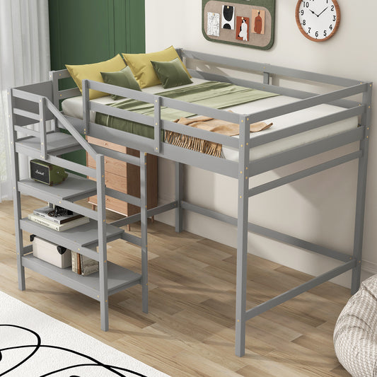 Full Size Loft Bed with Built-in Storage Staircase and Hanger for Clothes, Gray