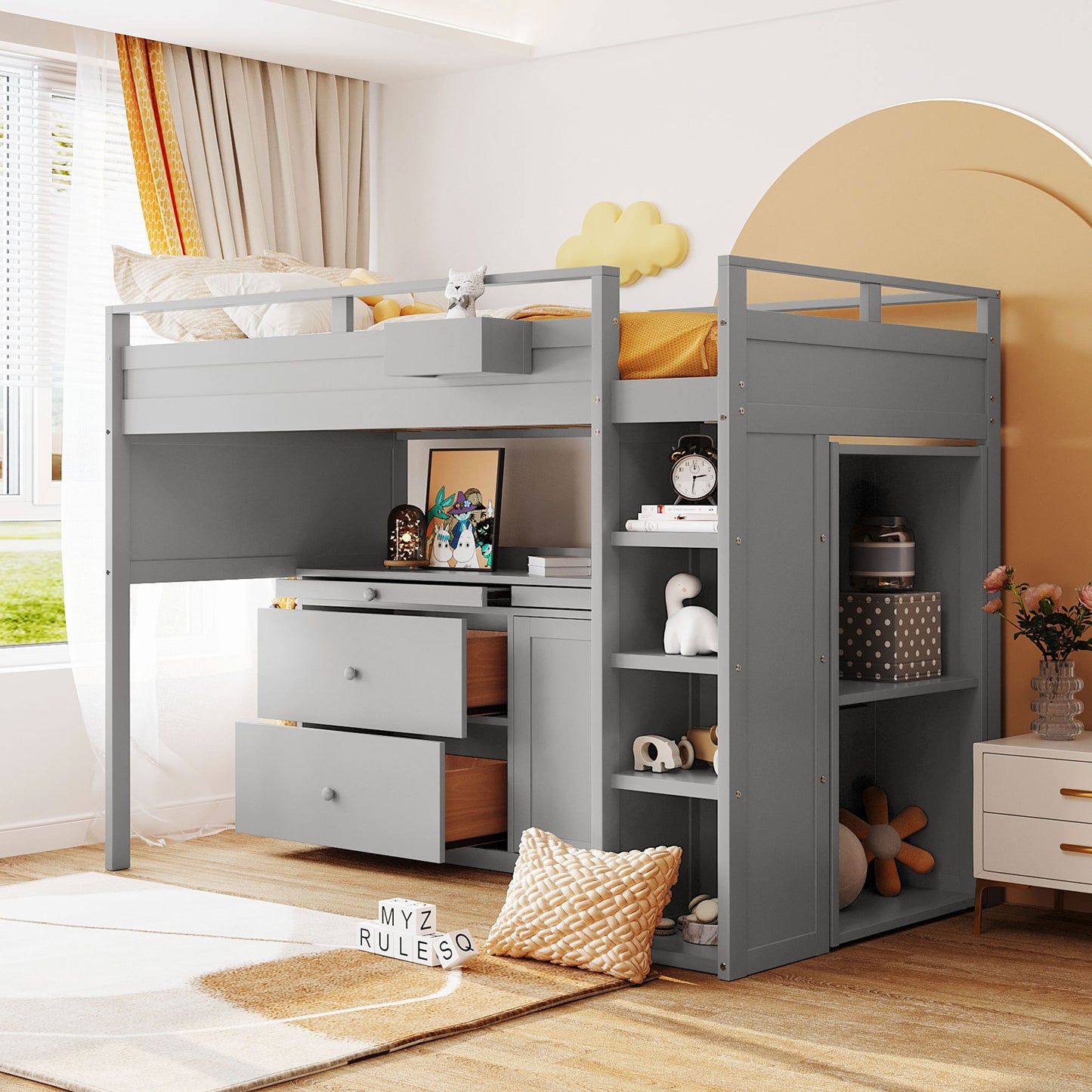 Loft Bed with Rolling Cabinet and Desk - Gray