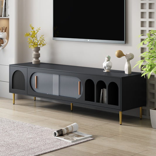 Elegant TV Console with Golden Accents for 80'' TV, Modern Media Stand with Storage Cabinet and Cable Management