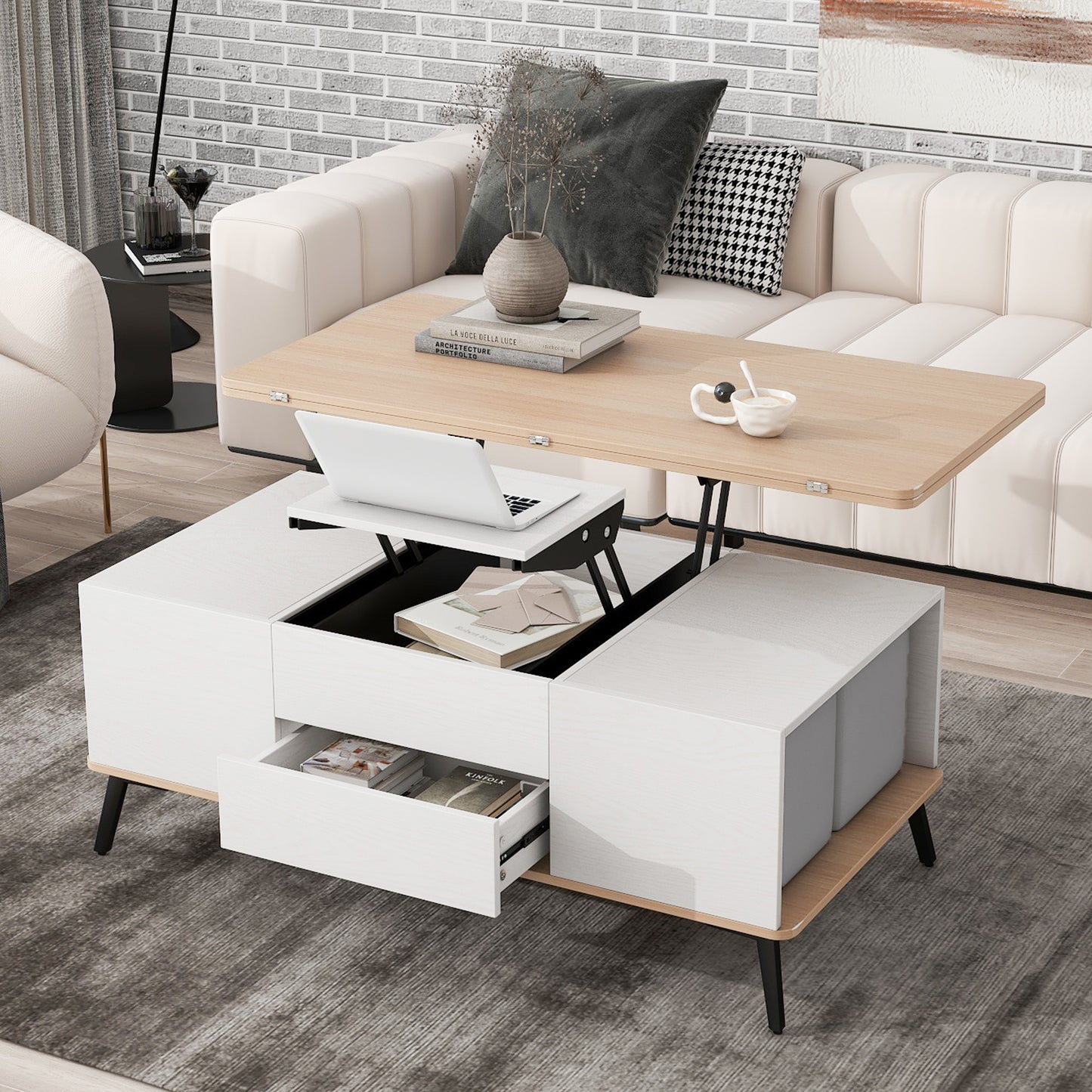 Convertible 5-Piece Lift Top Coffee Table Set with Ottoman Storage and Dining Function