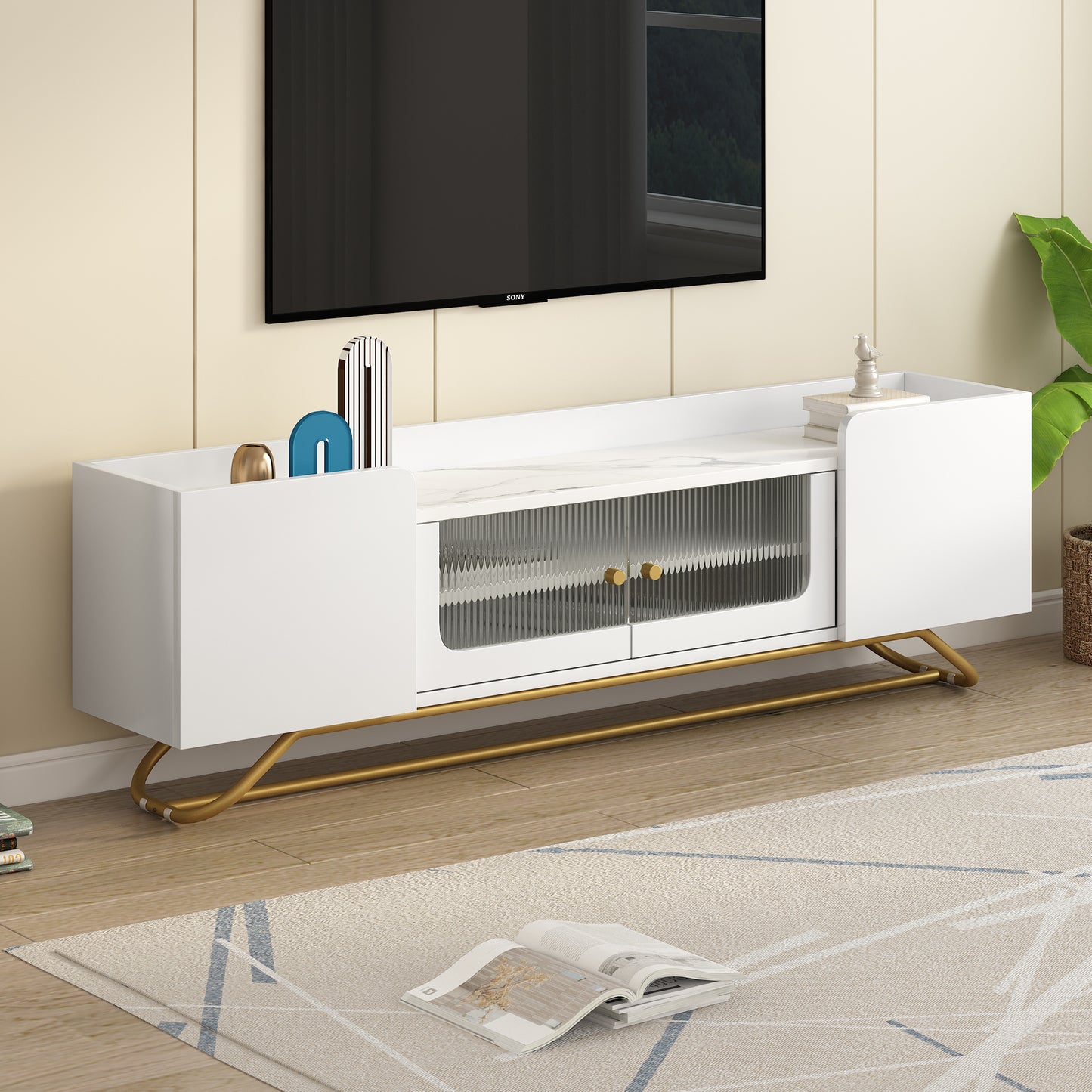 Contemporary White TV Stand with Fluted Glass Doors, Faux Marble Top, and Gold Metal Accents