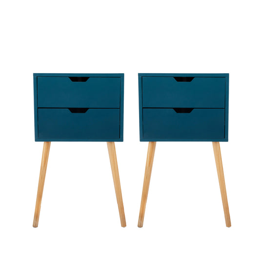 Set of 2 Nightstand with 2 Drawers, Mid Century Wood Bedside Table for Bedrooms Living Rooms, Sofa Side End Table, Blue