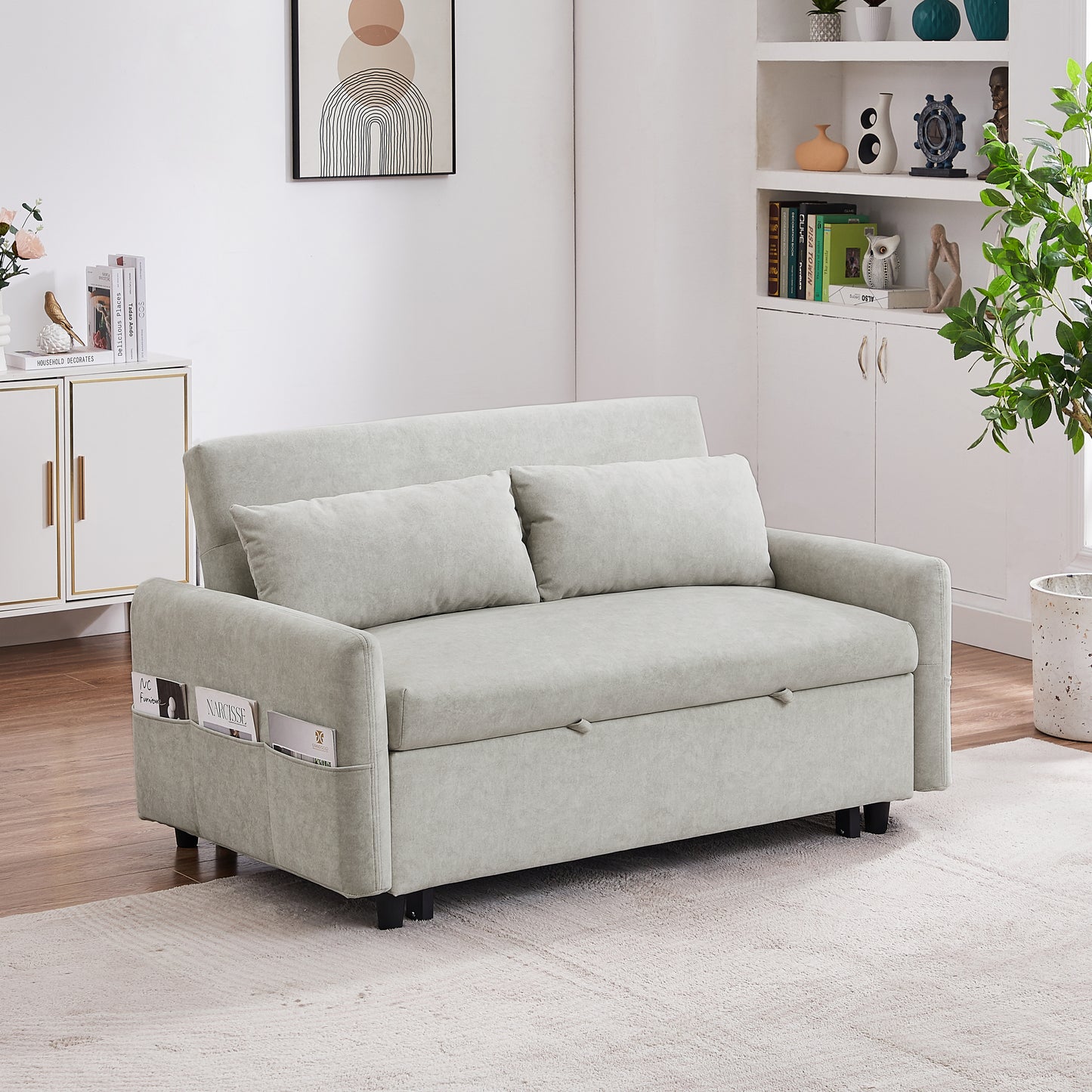 Adjustable Pull Out Sleep Sofa Bed Loveseat Couch with Storage Pockets, USB Ports, Beige