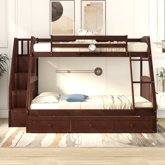 Espresso Twin-Over-Full Bunk Bed with Storage Stairs and Drawers - Versatile Family Sleeping Solution