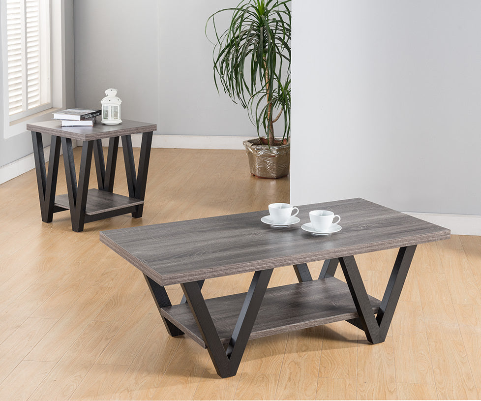 Distressed Grey & Black Coffee and End Table Set with V-Shaped Legs
