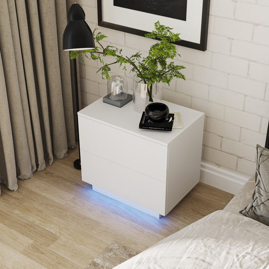 Contemporary White Nightstand with LED Lit Drawers