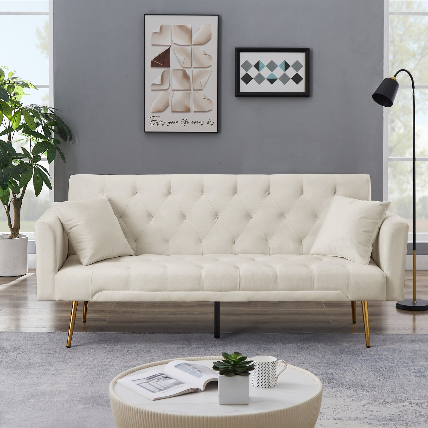 Velvet Futon Sofa Bed with Metal Legs & 2 Pillows