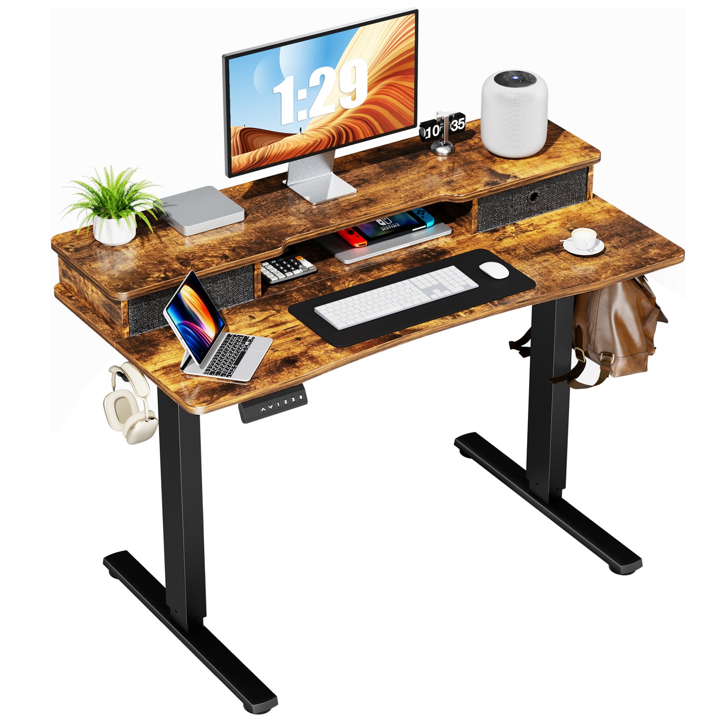 Electric Standing Desk with Height Adjustment, Storage Shelf, and Double Drawer