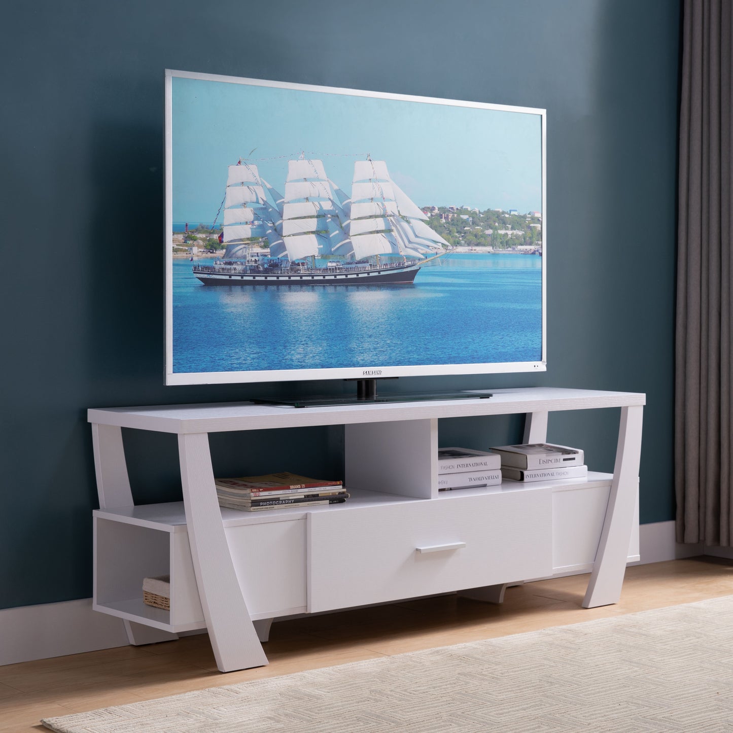 Sleek White TV Console with Storage and Drawer