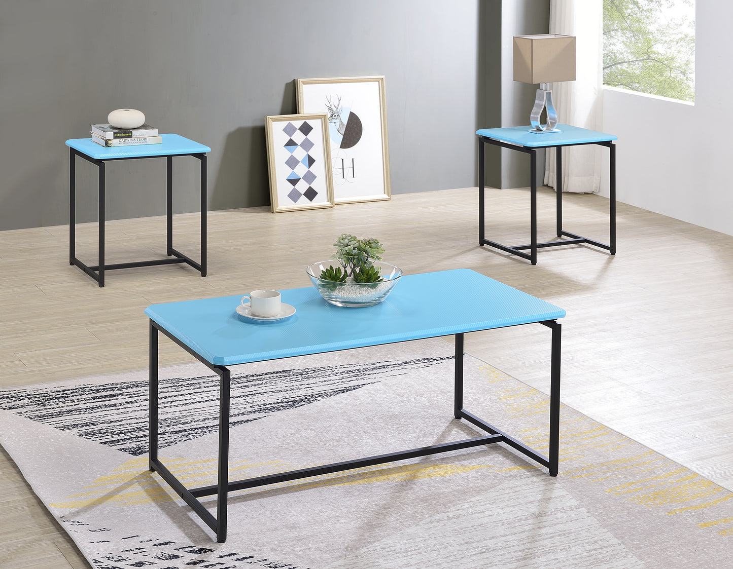 Blue Carbon Fiber Wrapped GT Coffee Table and End Table Set