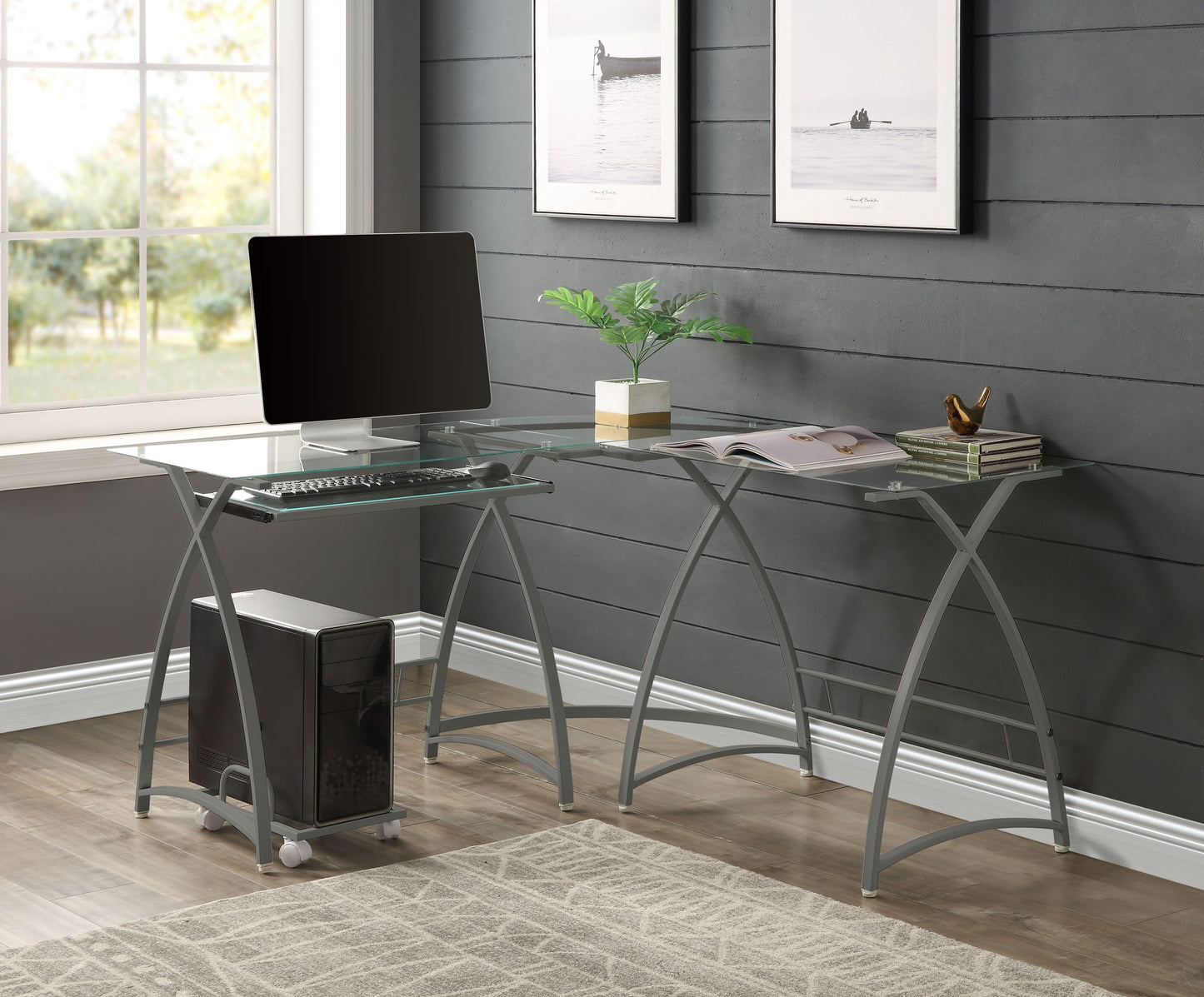 Stylish L-Shaped Glass Computer Desk with Silver Finish