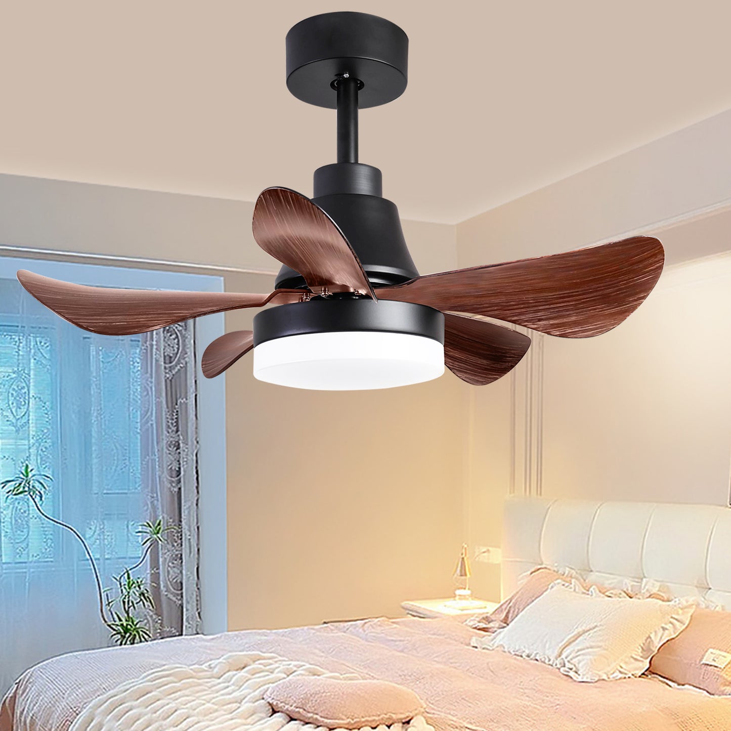 28 inch Modern Black Ceiling Fan with Remote Control and LED Light - 6 Speeds and 3 Colors