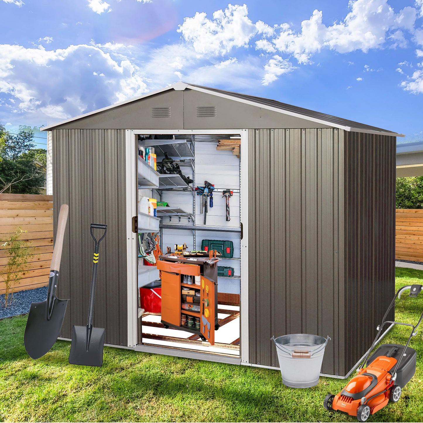 6ft x 8ft Outdoor Metal Storage Shed with Floor Base,Gray