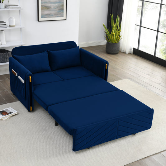 MH 54" Modern Convertible Sofa Bed with 2 Detachable Arm Pockets, Velvet Loveseat Multi-position adjustable Sofa with Pull Out Bed with Bedhead, 2 Pillows and Living Room, Blue