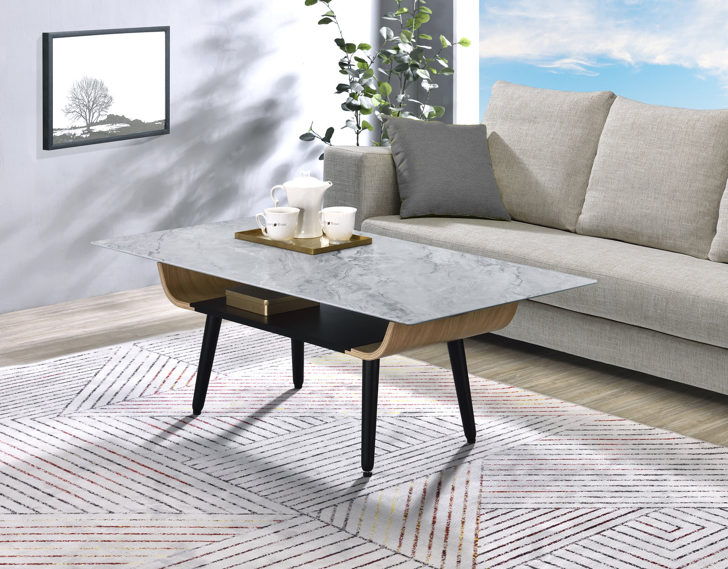 Landon Coffee Table with Gray Marble Glass Top and Unique Bent Wood Design