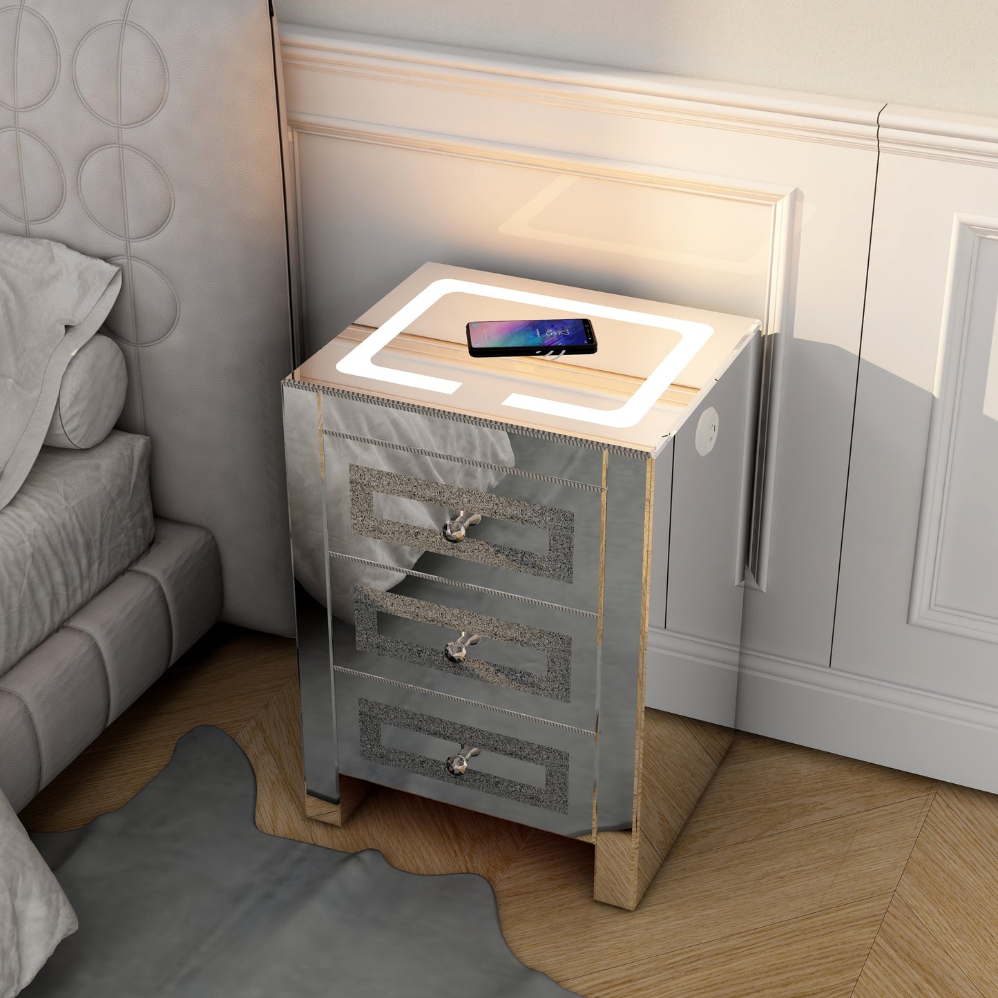 Silver glass nightstand for living room, bedside table with wireless charging and charging ports