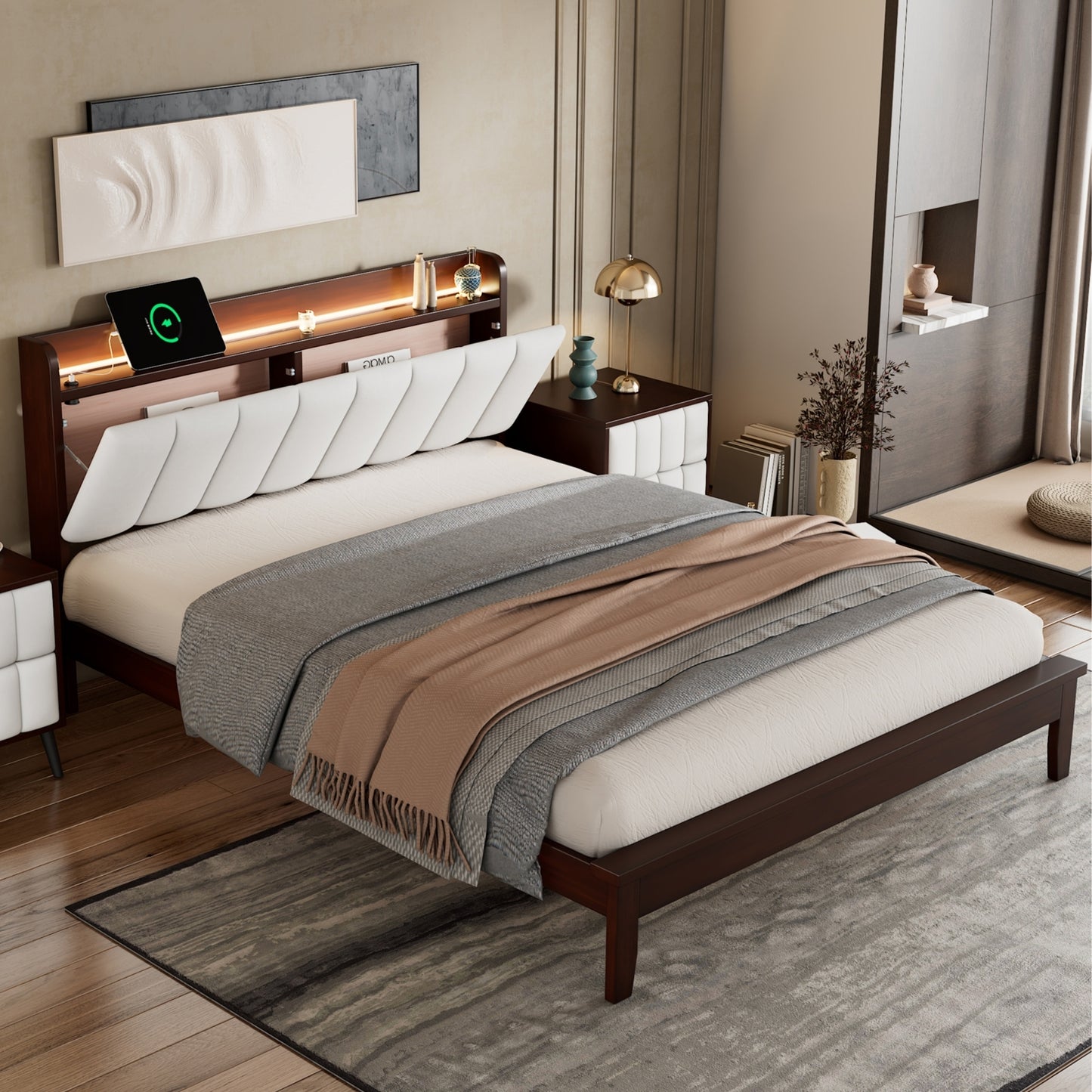 Queen size Platform Bed with USB Charging Station and Storage Upholstered Headboard,LED Bed Frame,No Box Spring Needed,Walnut+Beige