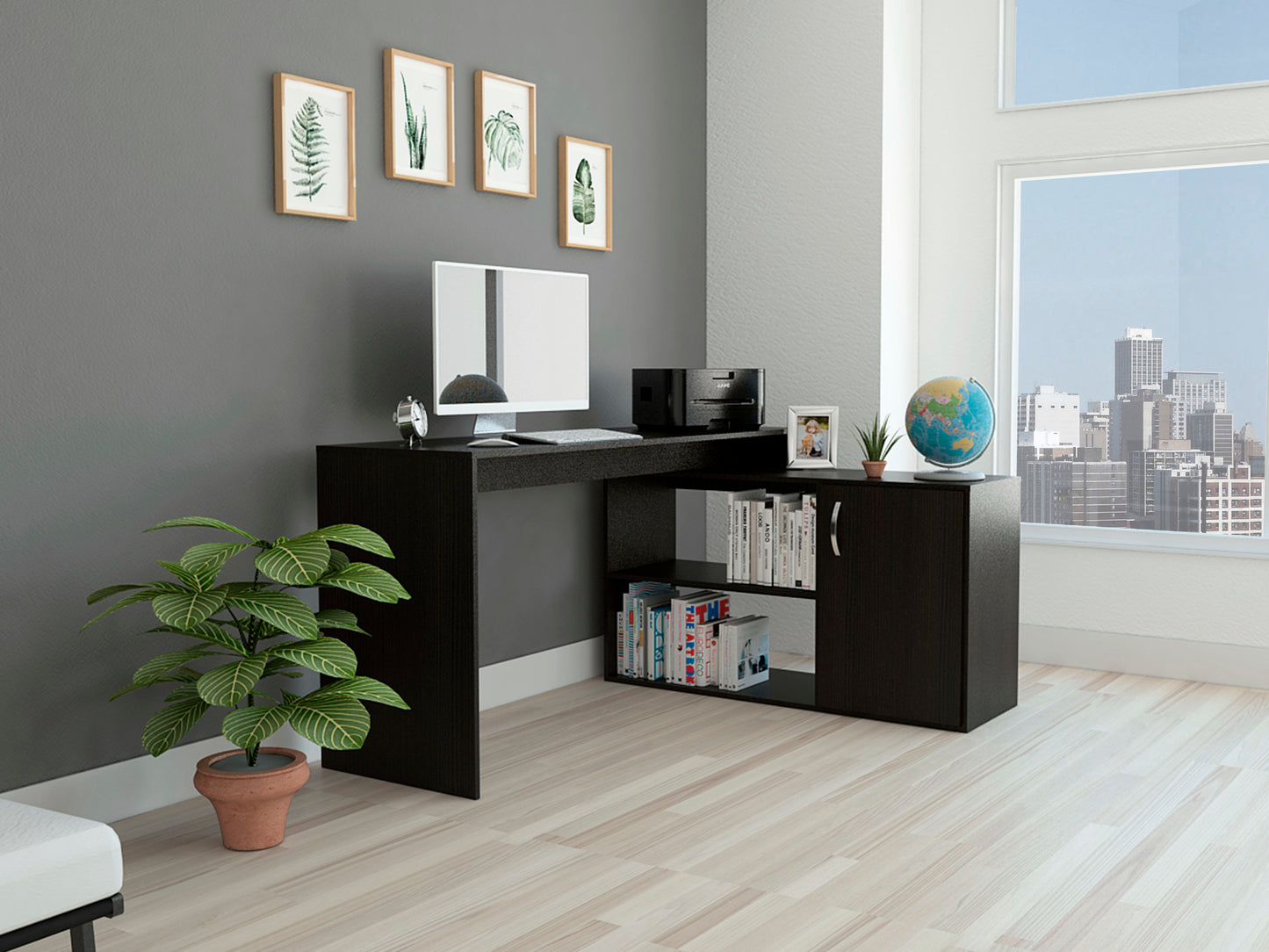 Executive Wengue L-Shaped Office Desk with Drawer and Shelves