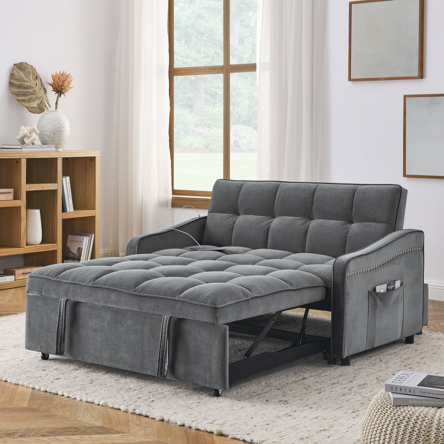 Loveseats Sofa Bed with Pull-out Bed,Adjsutable Back and Two Arm Pocket,TypeC and USB Charging with Copper nail,Grey (47"x53"x31")