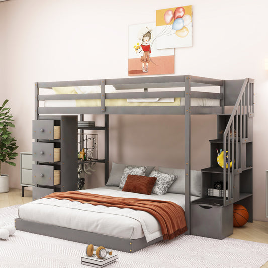 Space-Saving Gray Bunk Bed with Storage Stairs and Versatile Features