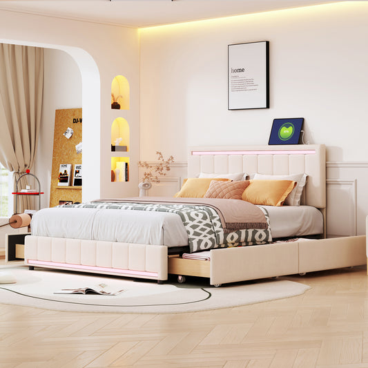 Queen Size Upholstered Bed with LED Light and 4 Drawers,  Modern Platform Bed with a set of Sockets and USB Ports, Linen Fabric, Beige